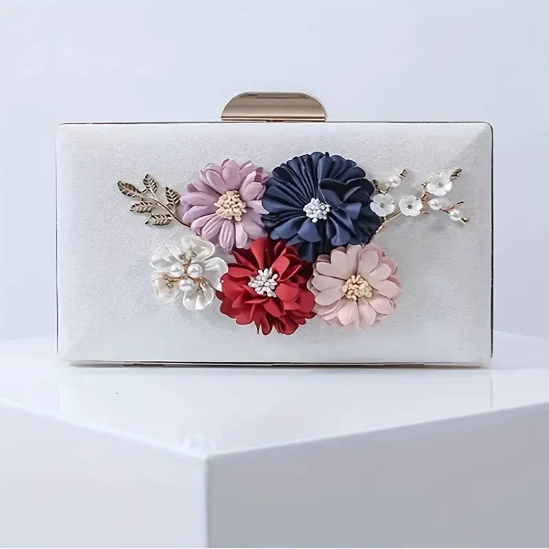 White Flower Beaded Banquet Evening Bag, Elegant 3D Flower Party