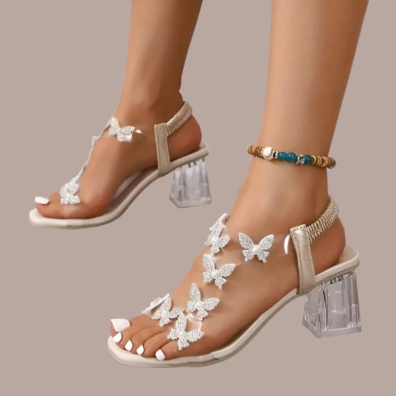 Butterfly Clear Chunky Heels Golden 7.5