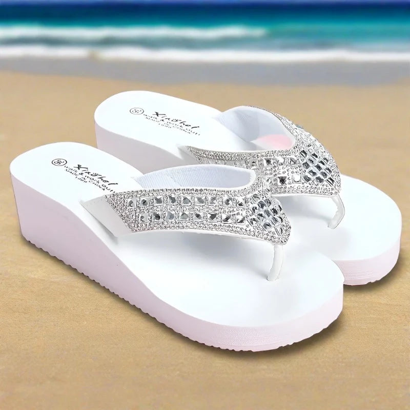 White Elegant Women s Rhinestone Wedge Flip Flops