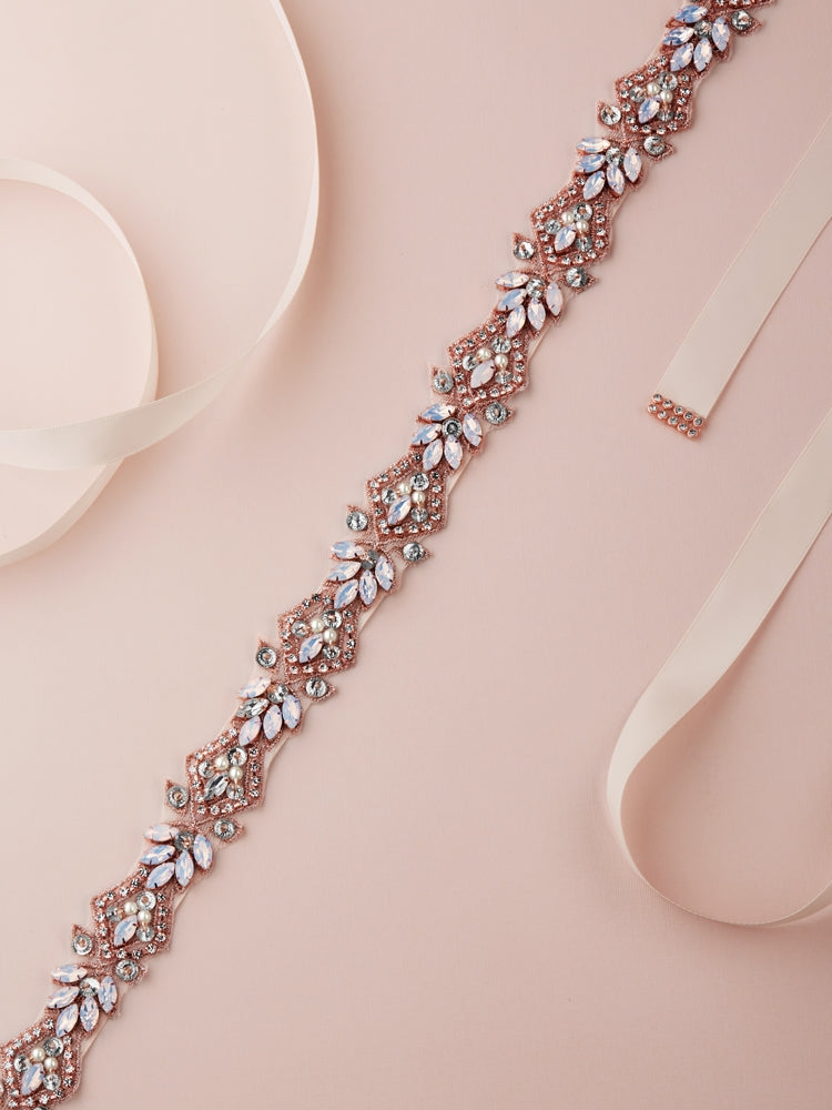 Rose Gold Applique Opal Bridal Belt with Pearl & Crystal Accents On Ivory Ribbon 4615BT-I-RG Rose Gold Applique Opal Bridal Belt with Pearl & Crystal Accents On Ivory Ribbon 4615BT-I-RG