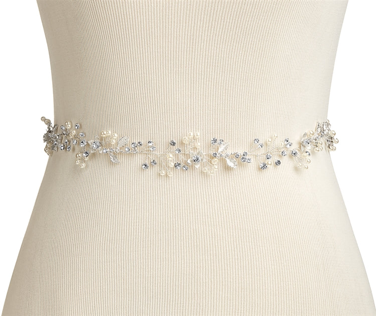 Boho Pearls & Crystal Leaves Hand Wired Floral Vine Bridal Belt on