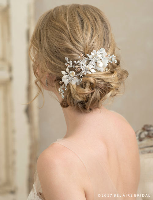 Sparkling metallic leaf and freshwater pearl comb with organza petals