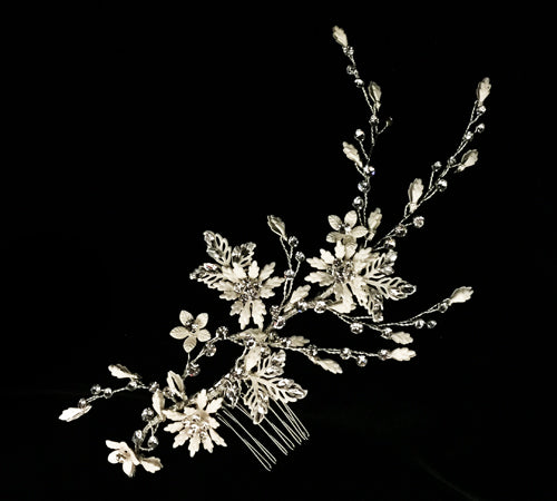 Delicate flower, silver and crystal hair comb TL-252