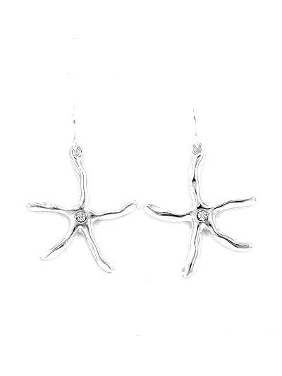 Silver Tone Metal Starfish Dangle Earrings with Rhinestone Accent