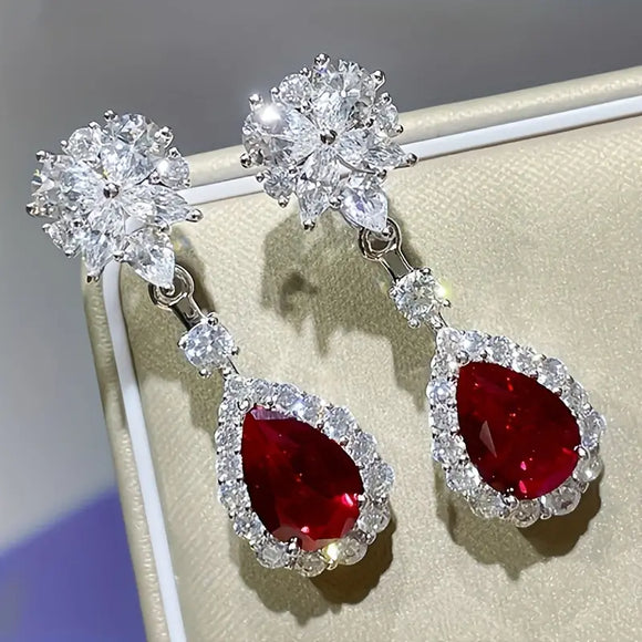 Red Crystal Flower Design Dangle Earrings