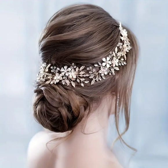 Elegant Leaf & Crystal Bridal Headband -  Rhinestone Hair Vine
