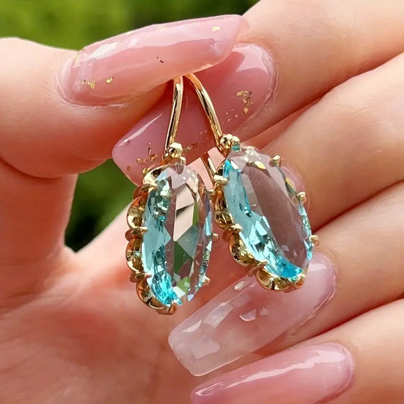 Sky Blue Oval Shape Blue Synthetic Gems Decor Dangle Earrings