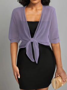 Elegant Tie-Front Blouse: Versatile Semi-Sheer Shawl Purple