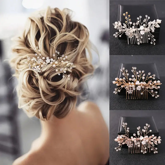 Bridal Rhinestone and Pearl Hair Comb with Elegant Golden Leaves