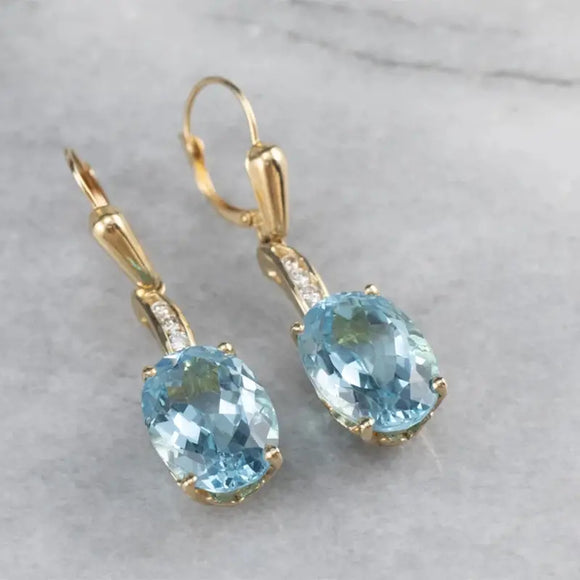 Elegant Large Blue Zircon Drop Dangle Earrings 14K Plated