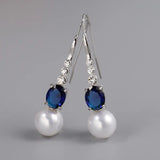 Pearl & Navy Blue Shiny Zircon Dangle Earrings