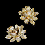 Luxurious Lotus Flower Rhinestone Brooch Pin White Pearl