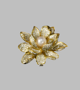 Luxurious Lotus Flower Rhinestone Brooch Pin White Pearl