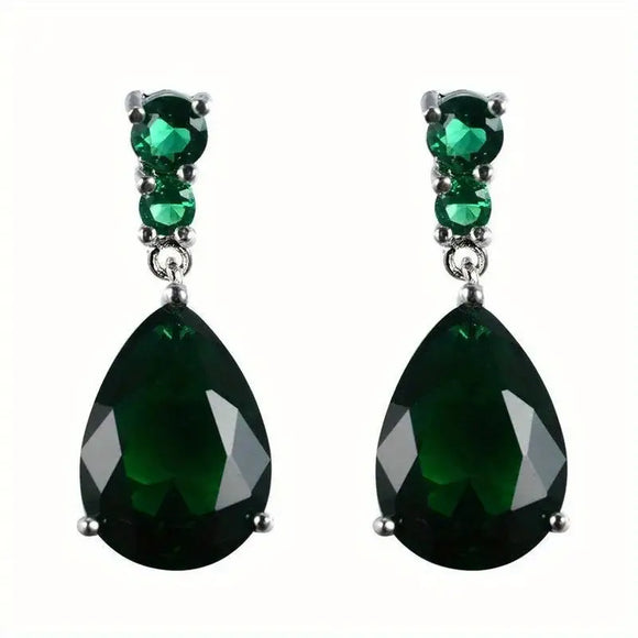 Emerald Green Teardrop Shape Zircon Earrings