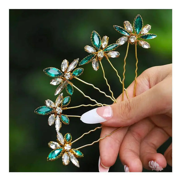 5pcs/set Flower Shaped Twist Hair Pin Sparkling Rhinestone Hair Stick