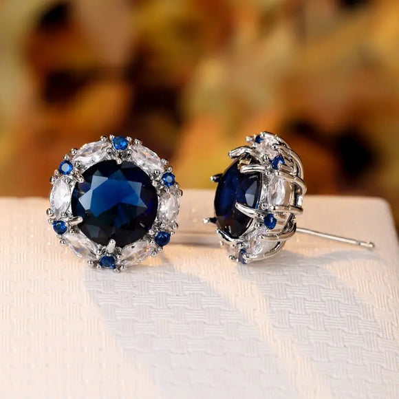 Blue Round Blue Sapphire Zircon Stud Earrings,