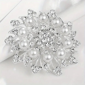 Luxurious Flower Brooch Rose Silver White Pearls