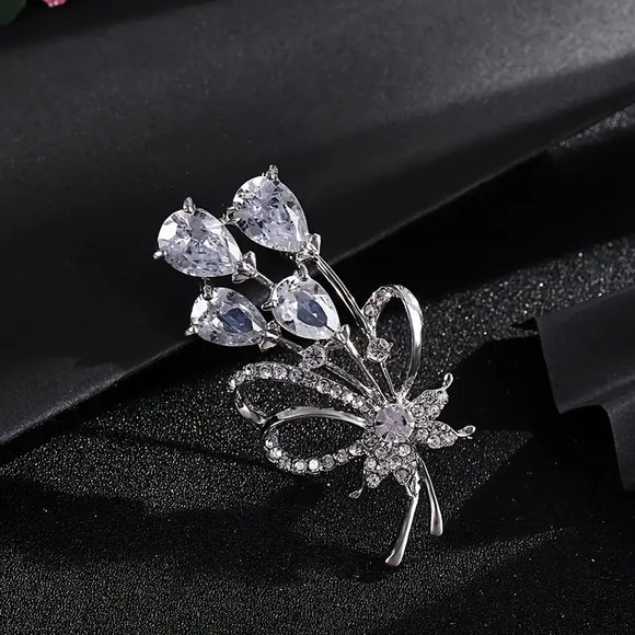 Elegant Flower Brooch Rhinestone Pin Silver