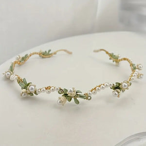 Floral pearl Beaded Hairband Headband Gold Vintage