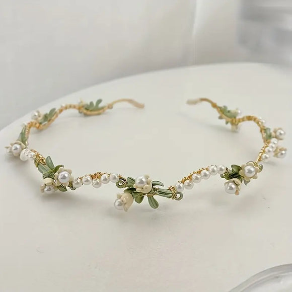 Floral pearl Beaded Hairband Headband Gold Vintage