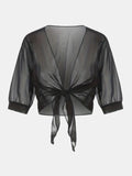 Elegant Tie-Front Blouse: Versatile Semi-Sheer Shawl Black