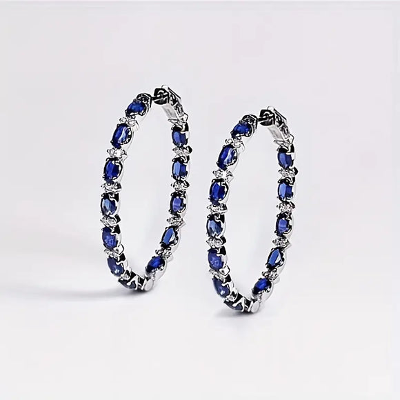 Sapphire Oval Shape Navy Blue Hoop Earrings