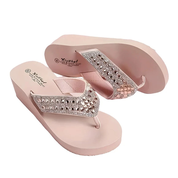 Pink Elegant Women's Rhinestone Wedge Flip Flops