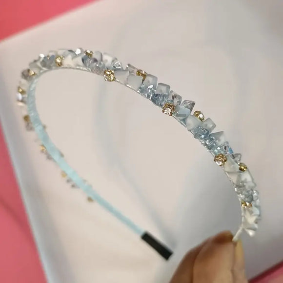 Exquisite Rhinestone, Jeweled and Beaded Hairband Headband White Blue