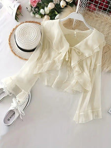 Chic Ruffle Layered Blouse with Fashionable Tie Front - Long Flared Sleeves for Versatile Style