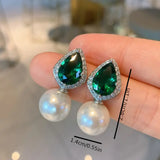 Emerald Green and Pearl Stud Earrings