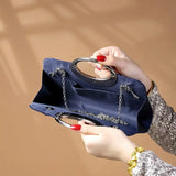 Elegant Rhinestone-Adorned Metal Clutch Evening Bag with Detachable Strap & Closure Navy Blue
