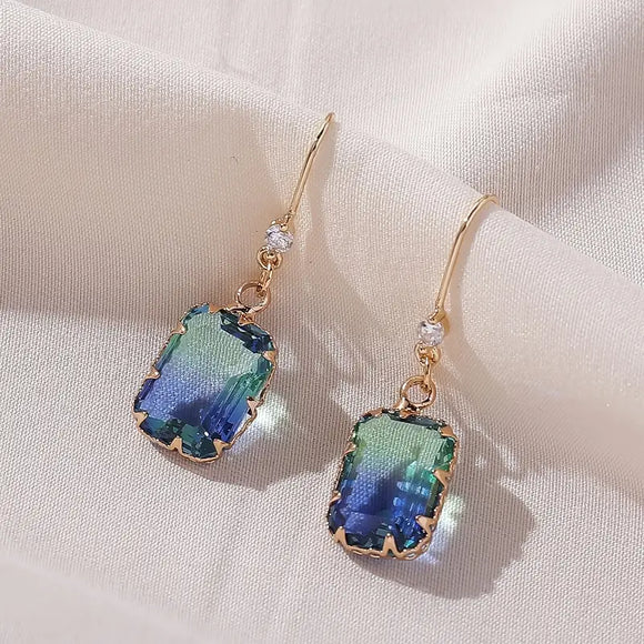 Square Shape Pendant Blue Green Gradient Color Water Drop Earrings