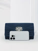 Sleek Navy Satin Evening Bag With Rhinestone Brooch