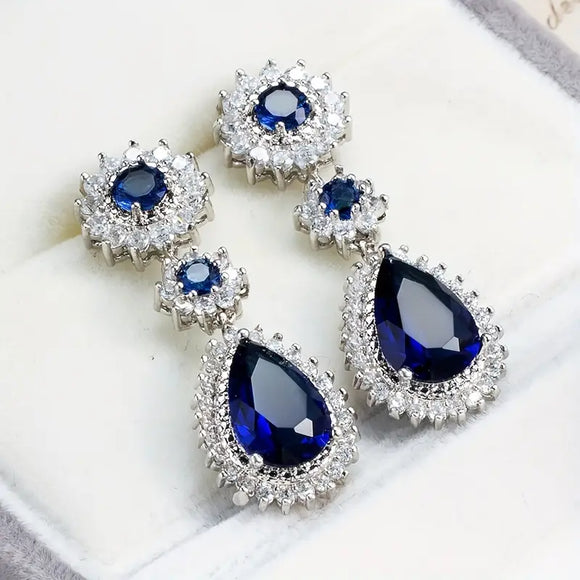 Sapphire Blue Gemstone Zircon Drop Dangle Earrings
