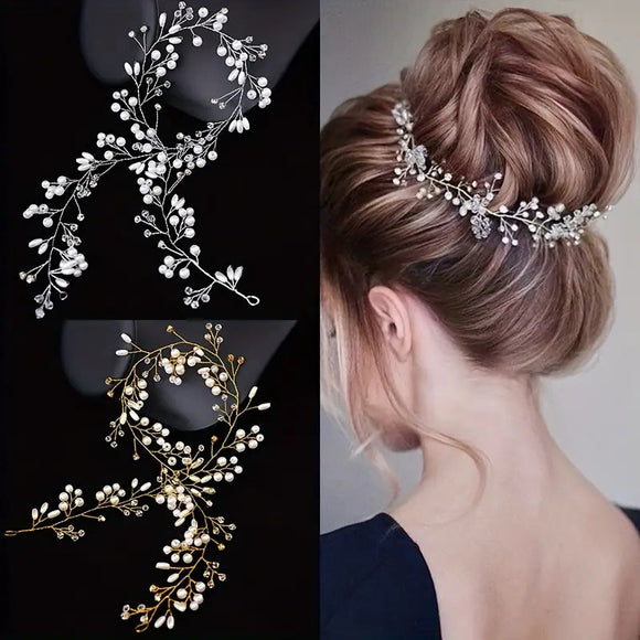 Elegant Handmade Pearl & Crystal Bridal Headband -  Rhinestone Hair Vine for Weddings