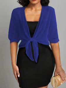 Elegant Tie-Front Blouse: Versatile Semi-Sheer Shawl Blue