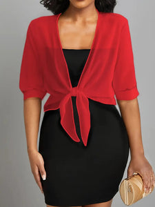 Elegant Tie-Front Blouse: Versatile Semi-Sheer Shawl Red