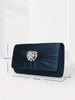 Sleek Navy Satin Evening Bag With Rhinestone Brooch