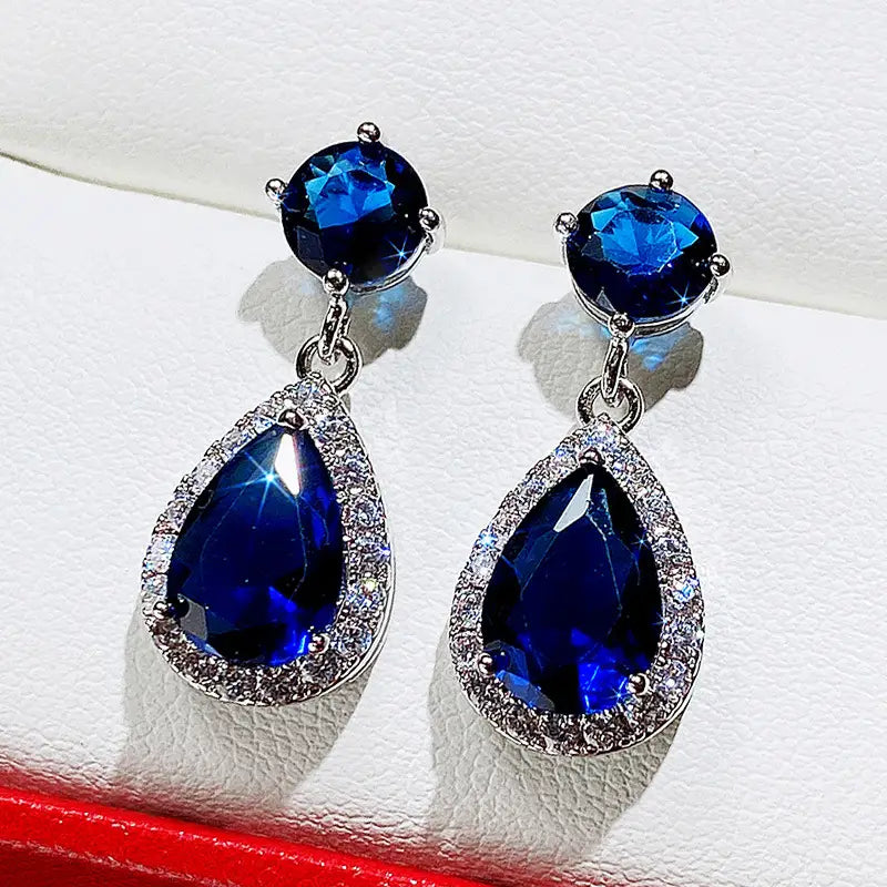 Sapphire Teardrop Shape Zircon 925 Silver Plated Stud