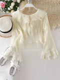 Chic Ruffle Layered Blouse with Fashionable Tie Front - Long Flared Sleeves for Versatile Style