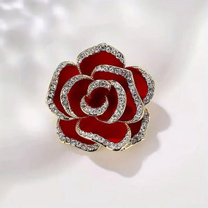 Black and Red Rose Flower Alloy Brooch Pin Inlaid Shiny Rhinestone