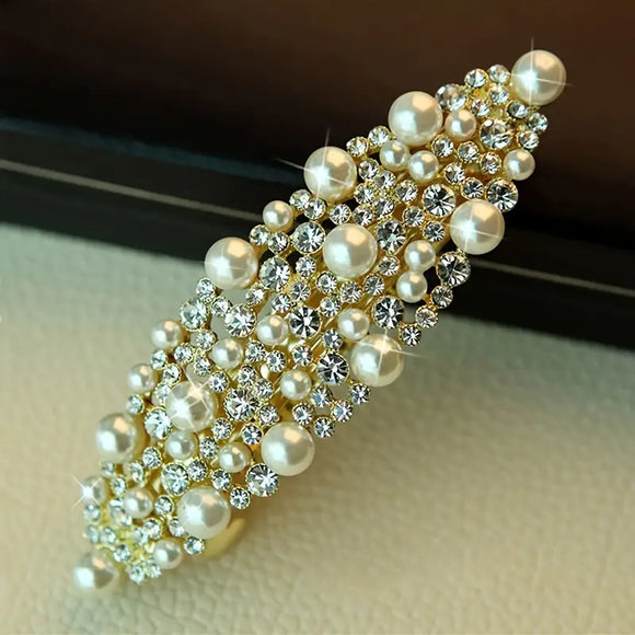 White Pearl Gold Rhinestone Faux Pearl Decorative Hair Clip