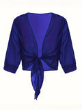 Elegant Tie-Front Blouse: Versatile Semi-Sheer Shawl Blue