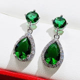 Green Teardrop Shape Zircon 925 Silver Plated Stud Earrings