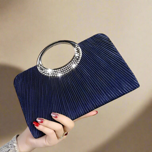 Elegant Rhinestone-Adorned Metal Clutch Evening Bag with Detachable Strap & Closure Navy Blue