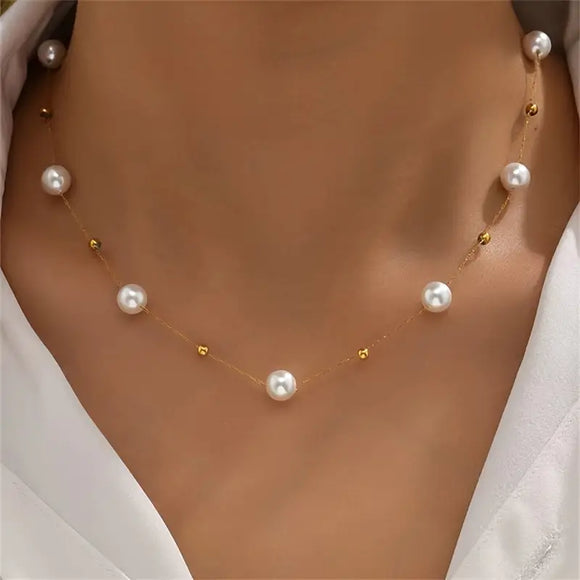 Floating 18K Gold Plated and Faux Pearl Necklace