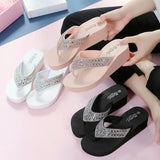 White Elegant Women's Rhinestone Wedge Flip Flops