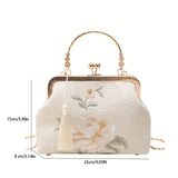 Elegant Floral Embroidered Handbag with Kiss-Lock, Tassel Detail Blue