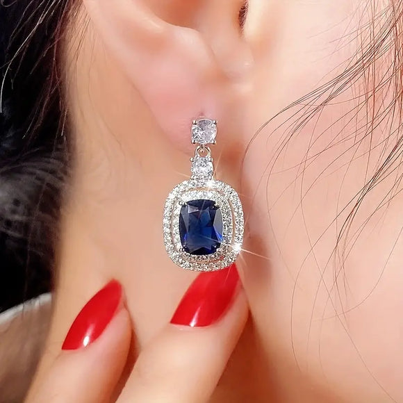 Cuboid Navy Blue Shiny Synthetic Gems Decor Dangle Earrings Elegant Luxury Style Silver Plated