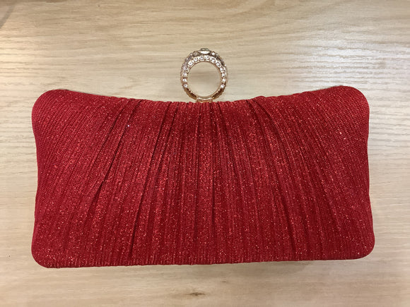 Elegant Red Glitter Pleated Evening Clutch with Ring Closure